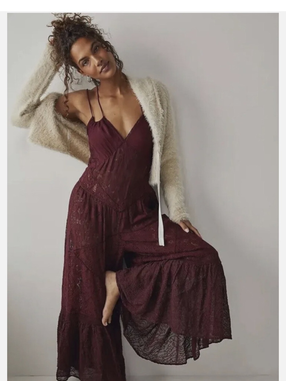 Free People Lace Romper with Tie Spaghetti Straps - Burgundy